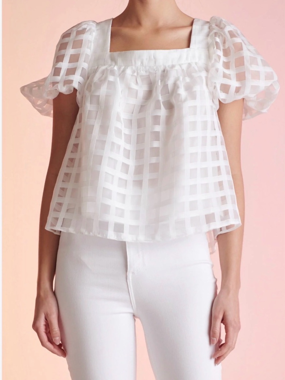 White Sheer Organza Gridded Puff-Sleeve Top